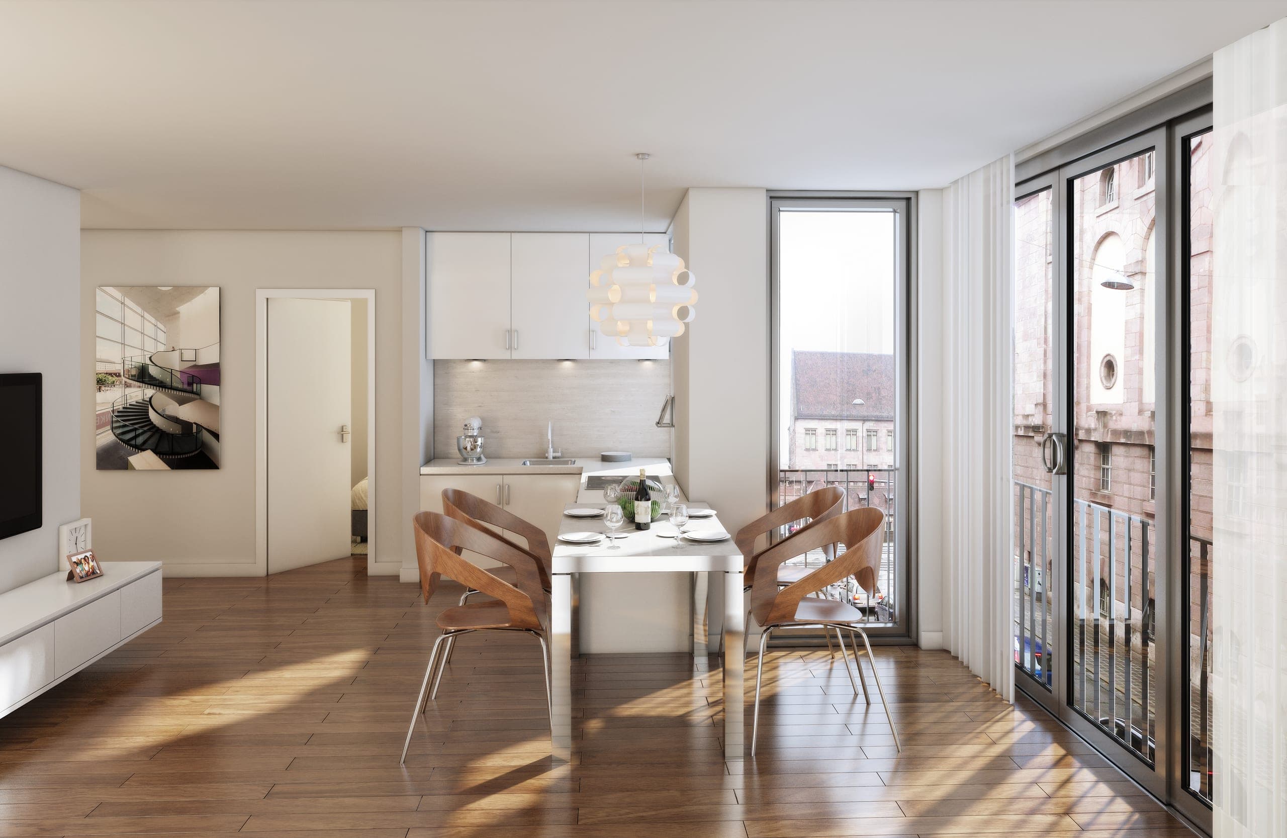 Visualisation of a flat with a dining area, open kitchen and floor-to-ceiling windows facing the historic neighbours