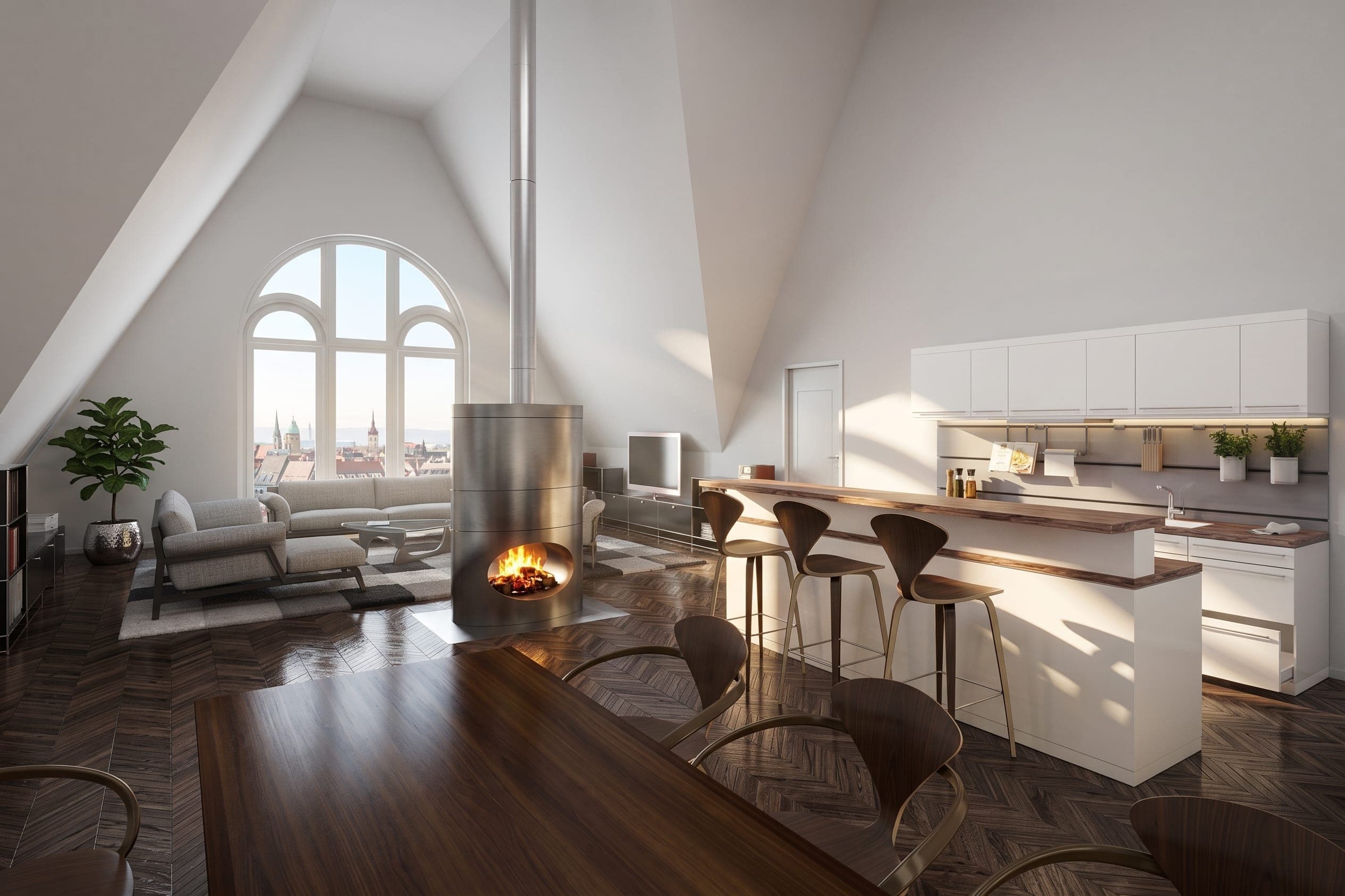 Attic kitchen and living space as a visualisation, with a breakfast bar, dining area and an arched window with city views