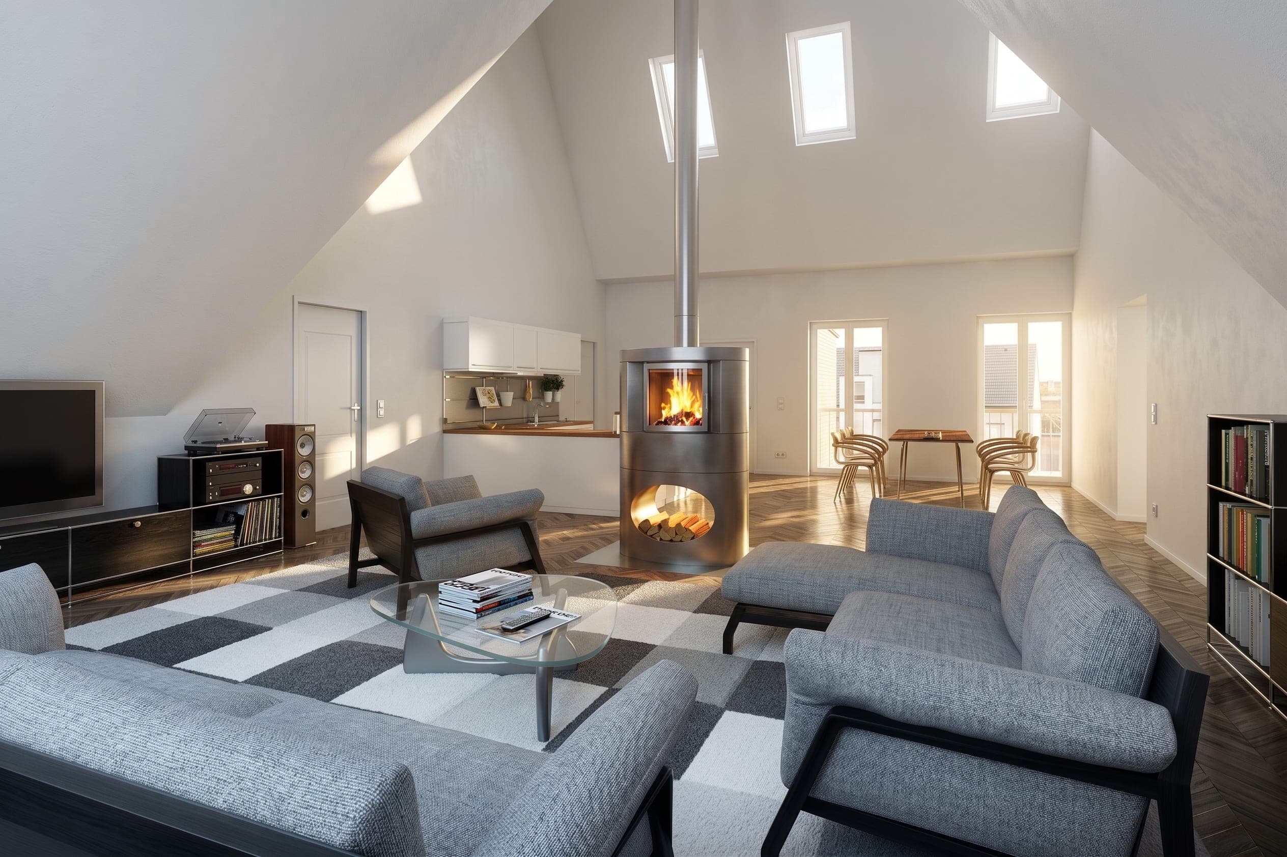 Visualisation of the living area in an attic flat with a seating group, roof windows and a wood stove