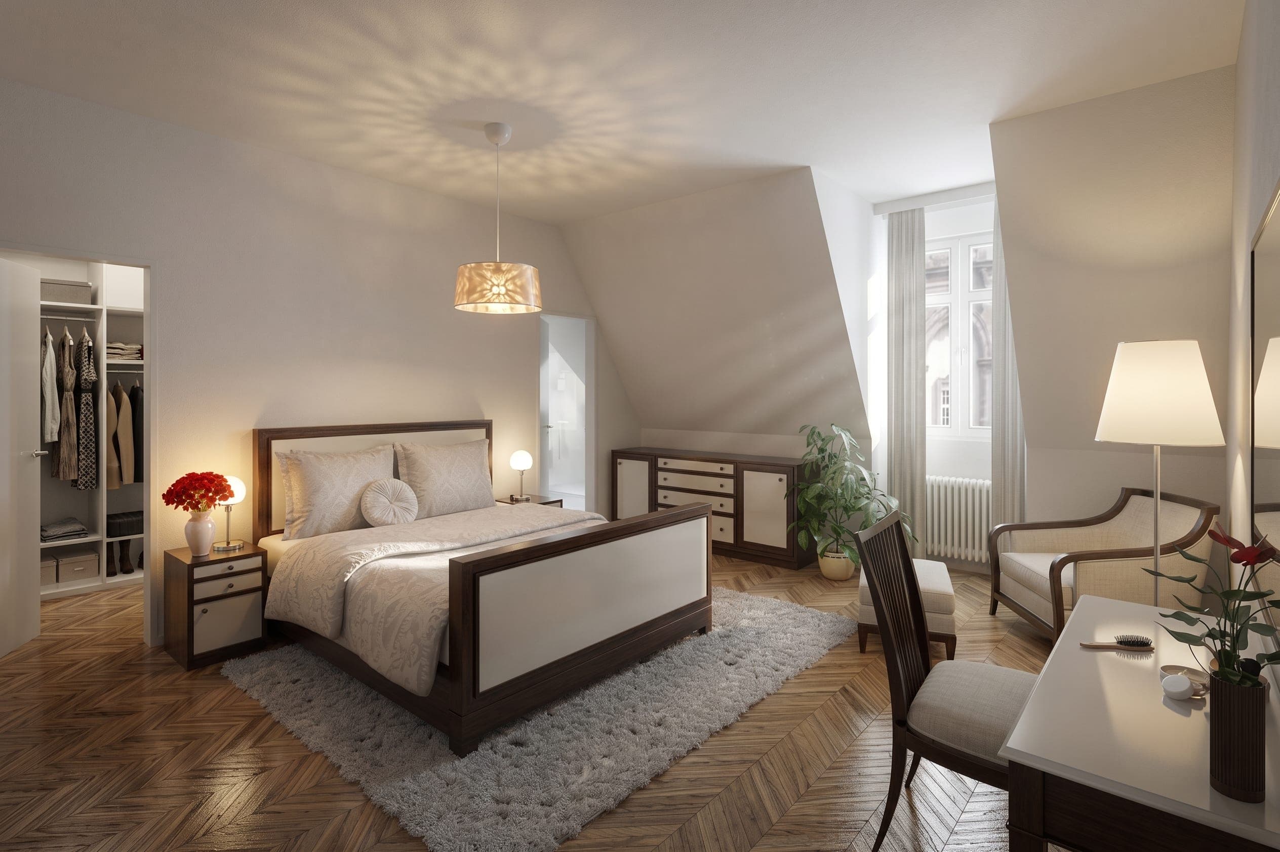 Bedroom under the sloping roof as a visualisation, with a double bed, a chest of drawers and a dressing room beyond
