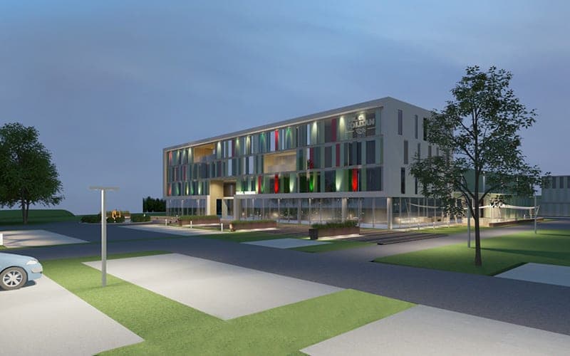 Visualisation of the façade with coloured louvres lit up at dusk, seen from the street
