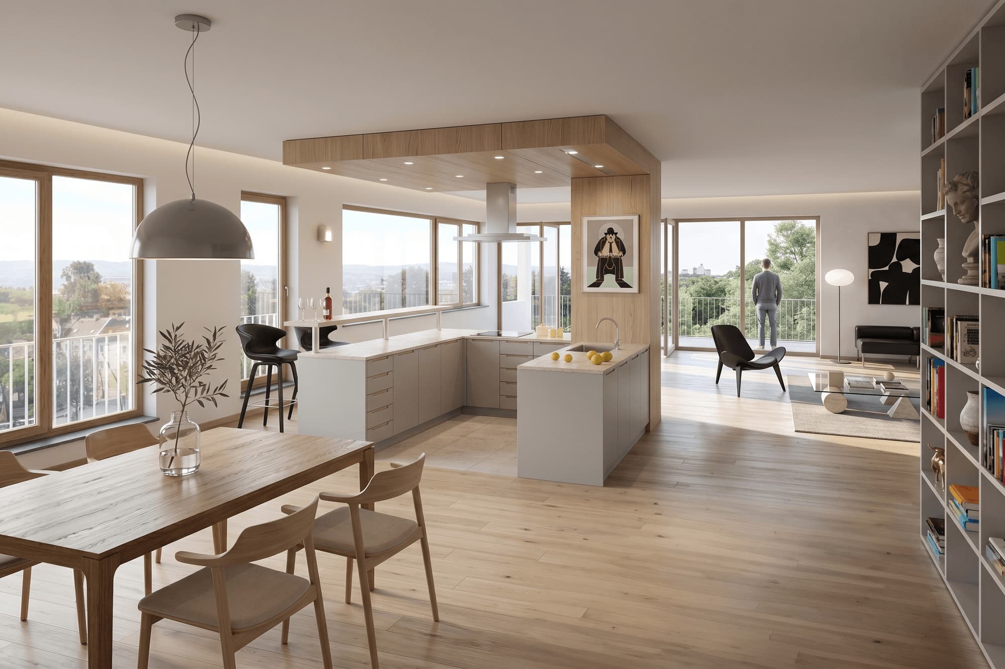 Visualisation of the living and dining area with dining table, kitchen island below a timber ceiling and views out