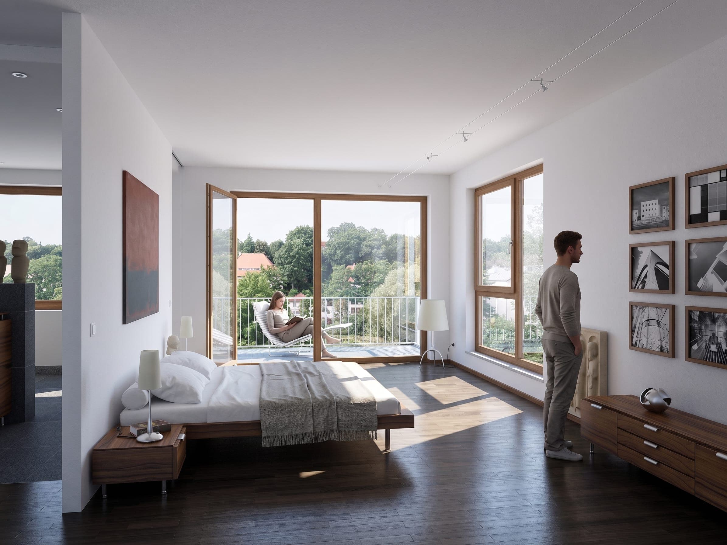 Visualisation of a bedroom with a picture wall, large timber windows and a balcony looking out over the landscape