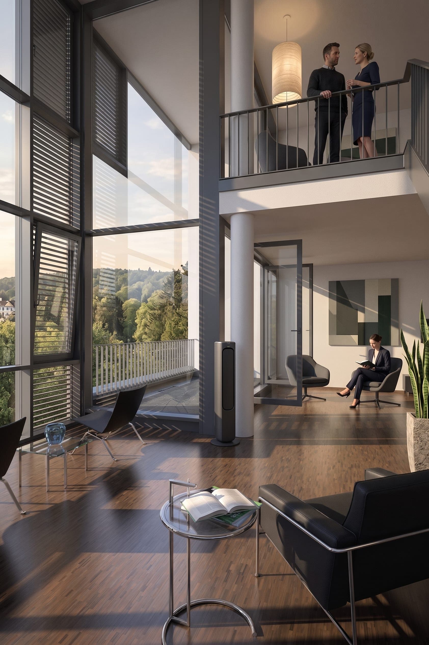 Visualisation of a double-height living space with gallery, louvres in front of the glazing and a view of trees