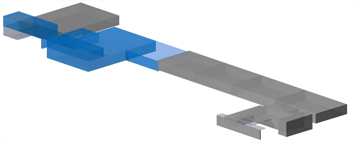 Abstrakte Volumenstudie des Gebäudekomplexes mit blau markierten Büro- und grauen Lagerbaukörpern