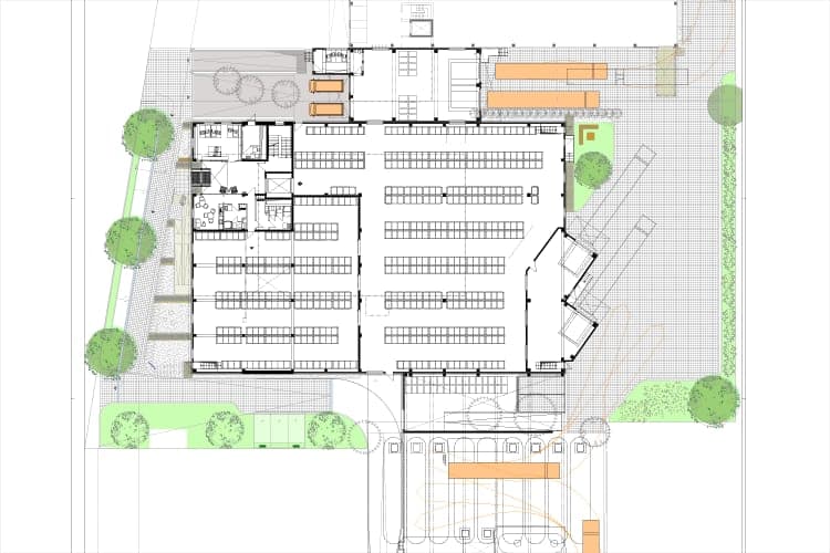 Grundriss Erdgeschoss mit Regalreihen in der Lagerhalle, Bürotrakt, Anlieferung und Außenanlagen