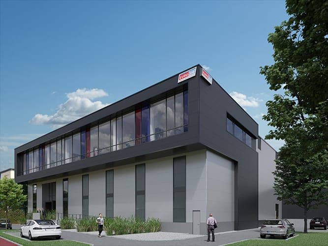 Büro- und Logistikgebäude Eurolub in München, Visualisierung der Straßenfassade mit dunklem Fensterband