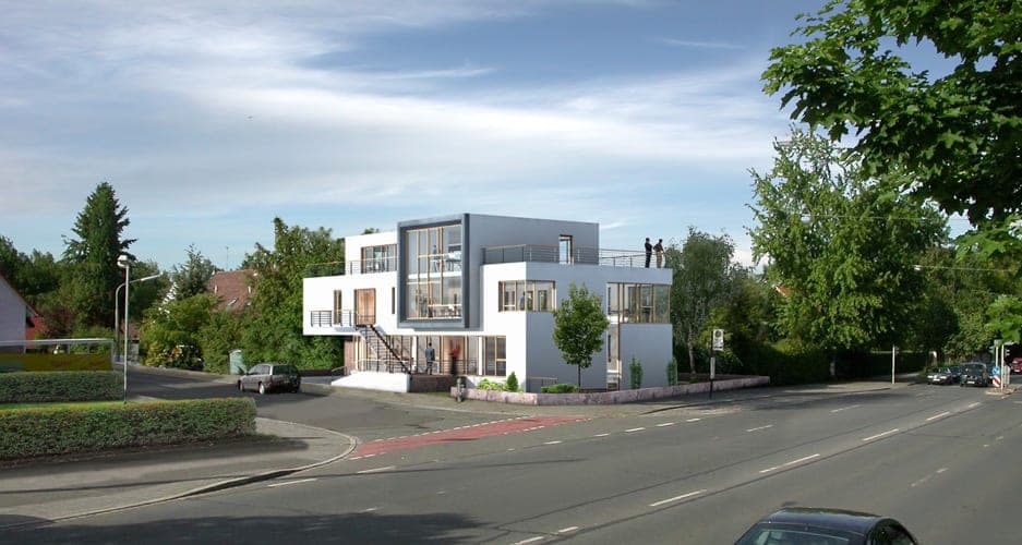 Daylight visualisation of the office building with its interlocking volumes and glazed bands