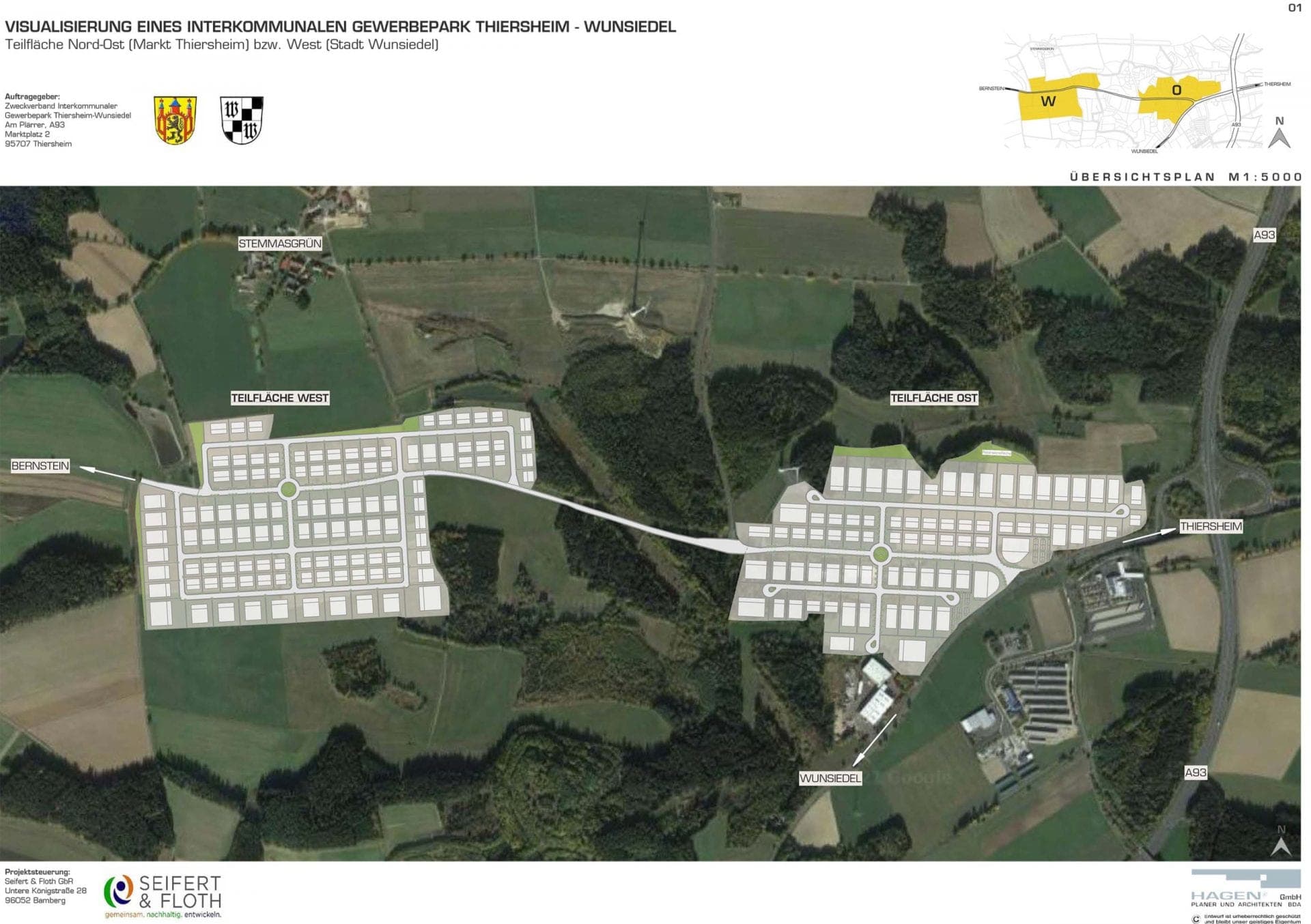 Overview plan on an aerial photo with the West and East sub-areas between Bernstein, Thiersheim and the A93