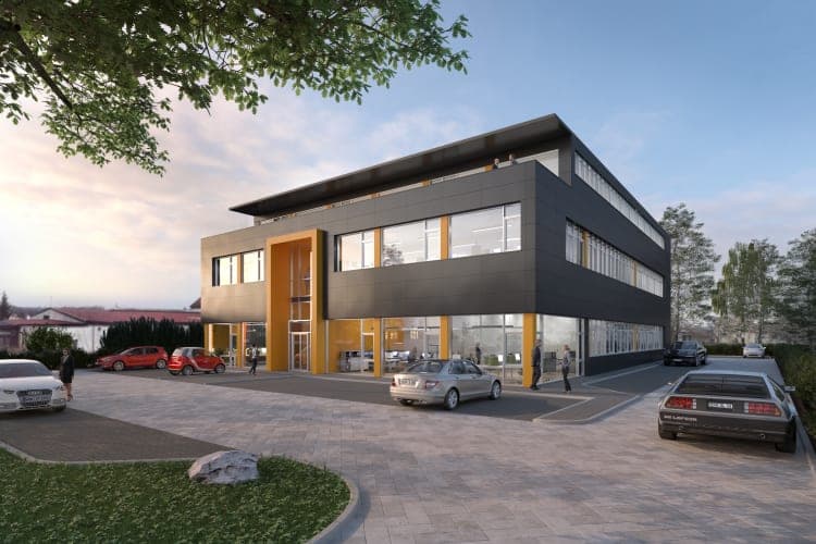 Start-up centre in Höchstadt a.d. Aisch, visualisation with a dark façade, orange vertical bands and car park