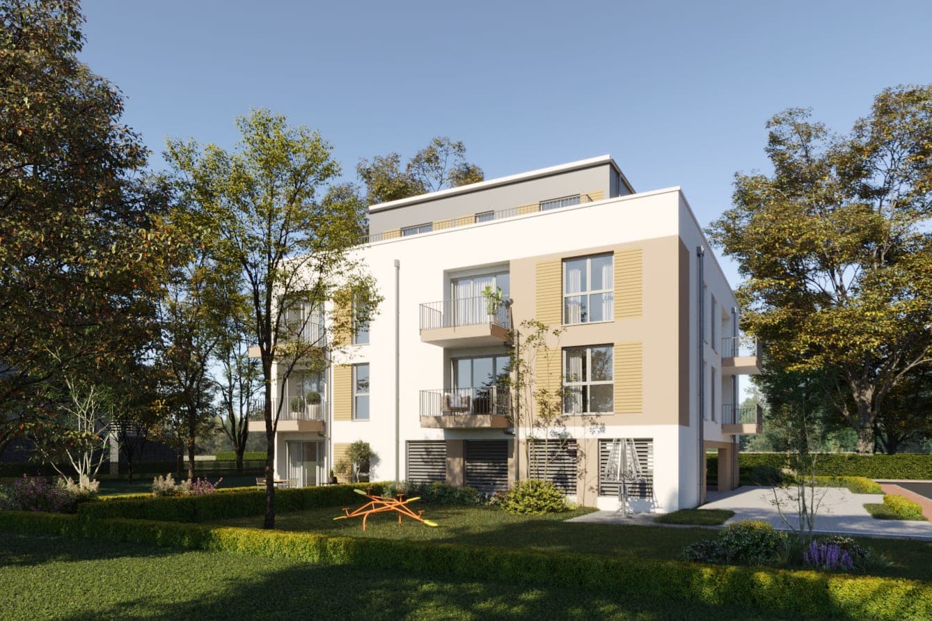 Visualisierung der Gebäudeecke mit zurückgesetztem Dachgeschoss, Balkonen und Wippe im Garten