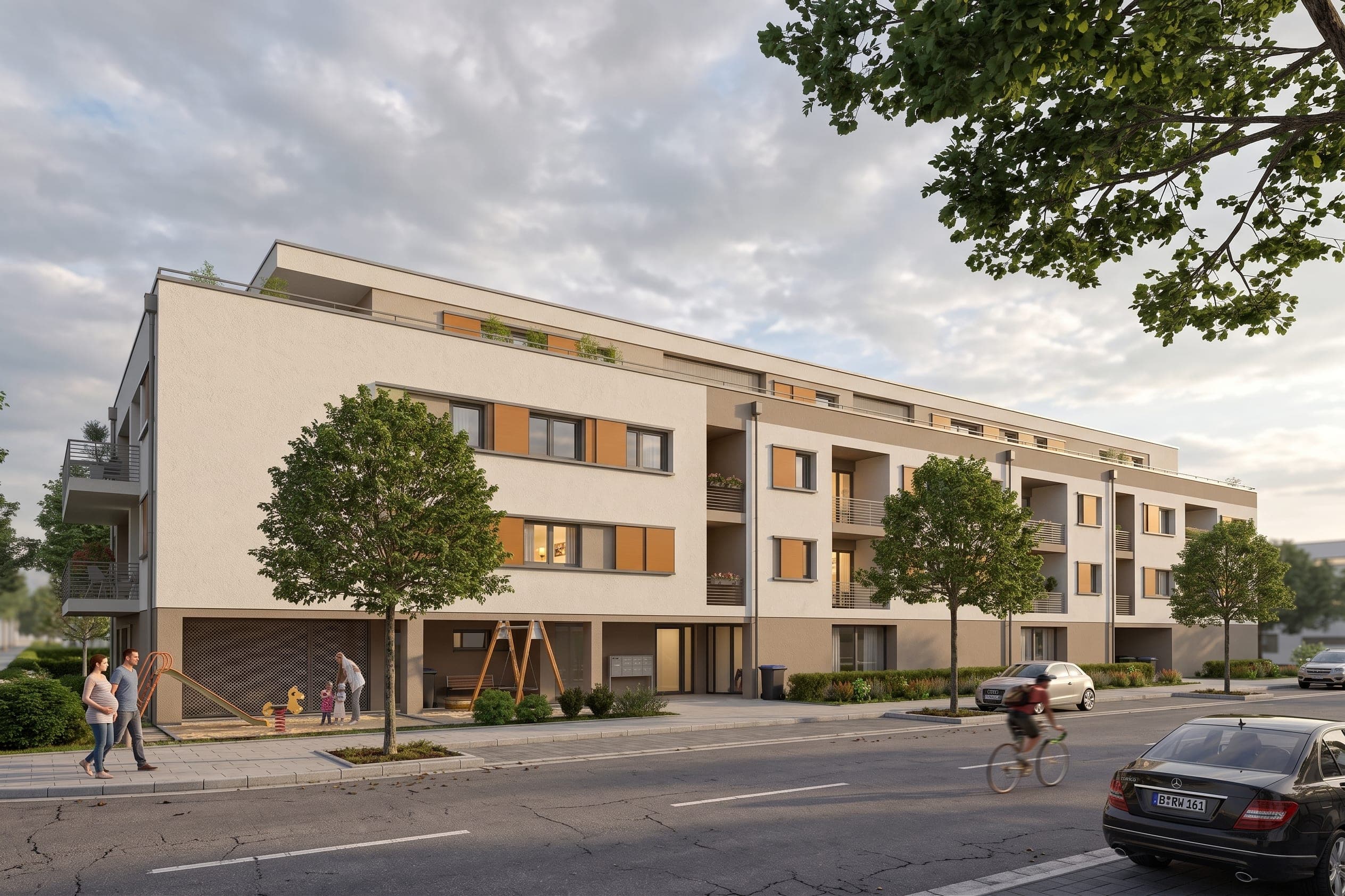 Visualisation of the street façade in evening light with playground, cyclist and parked cars in Herzo Base