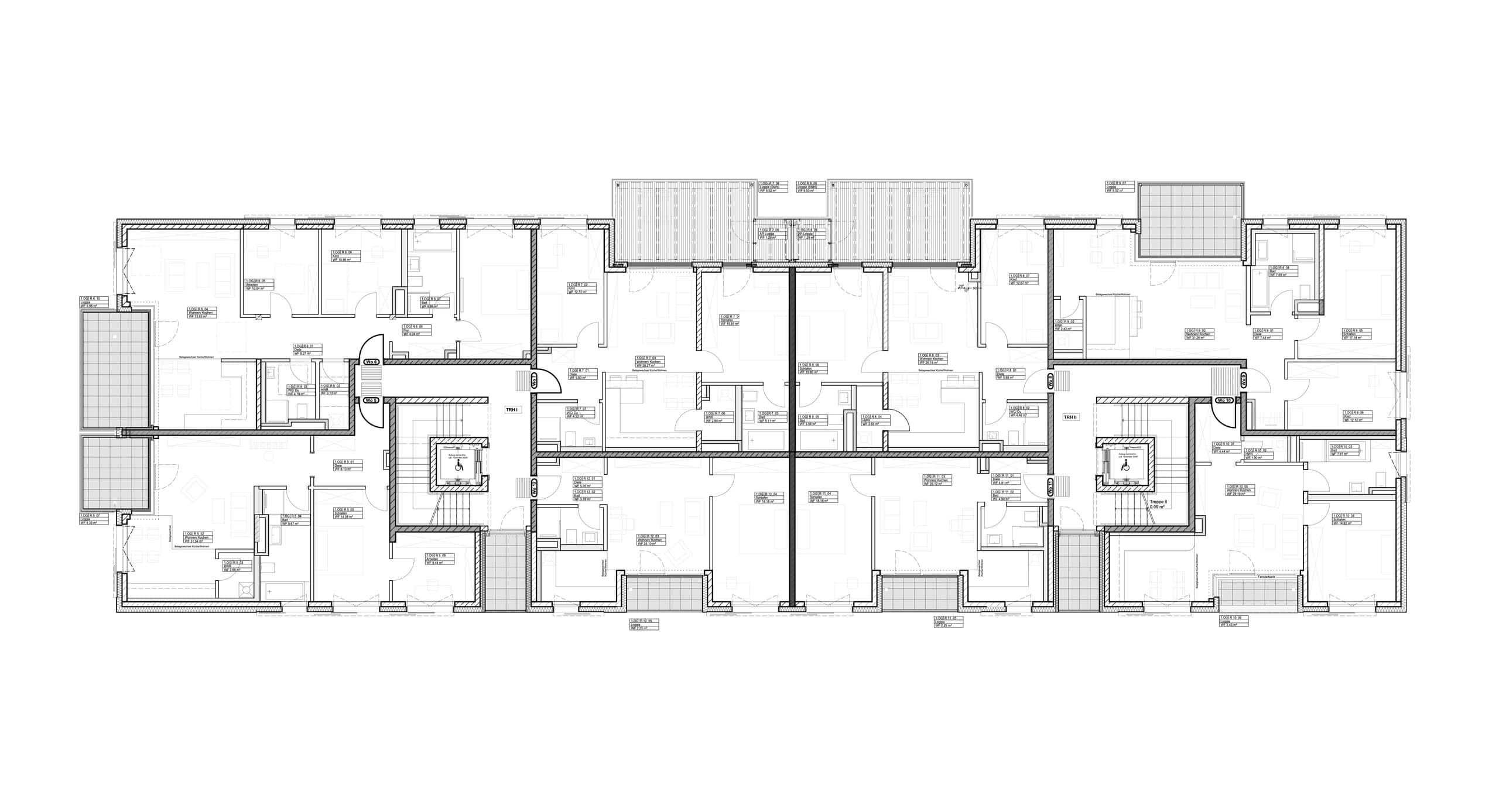 Floor plan of an upper storey with two stair cores, lifts and flats with balconies