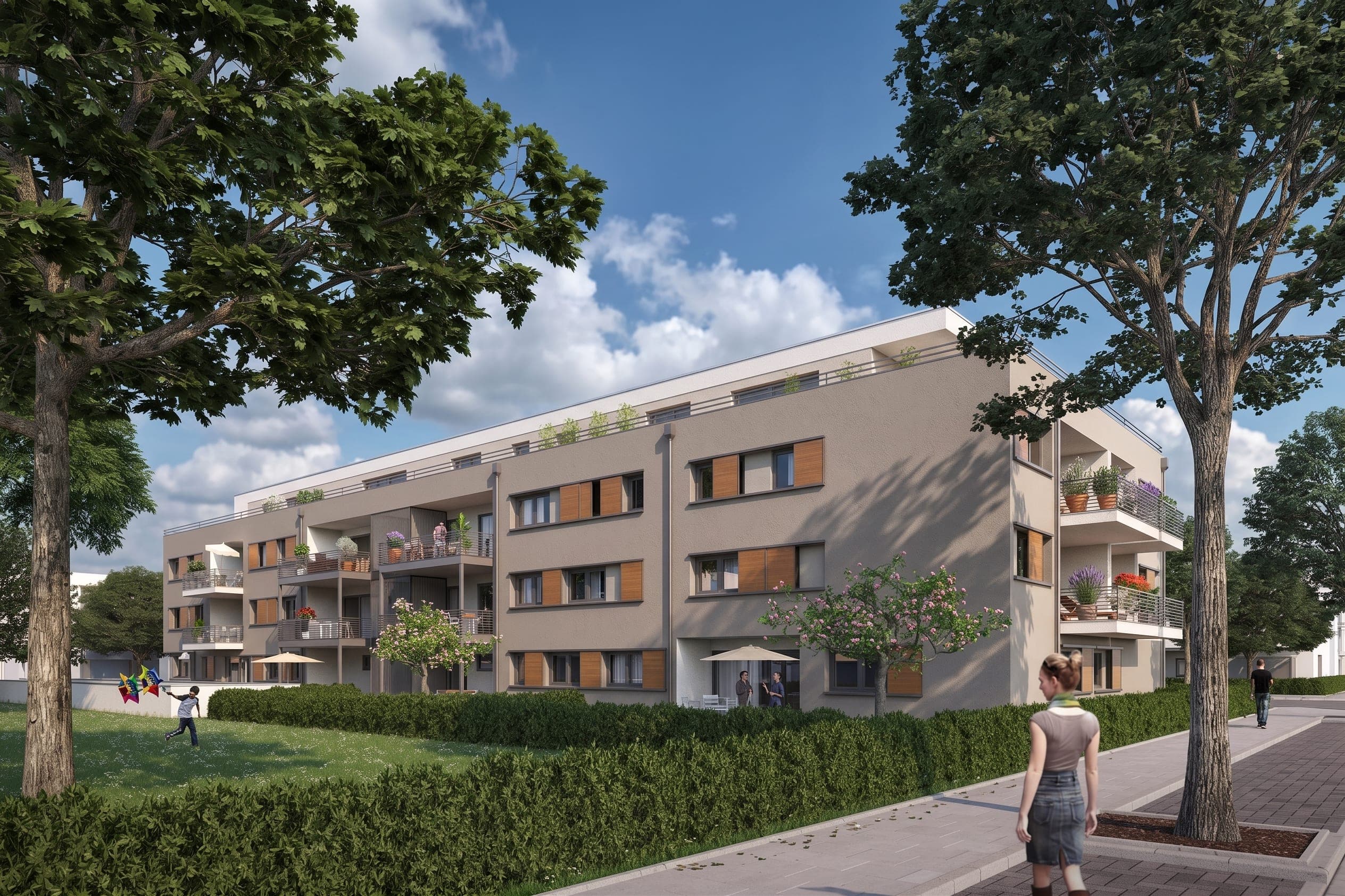 Visualisation of the building from the garden side with a child playing, a hedge and footpath in the foreground