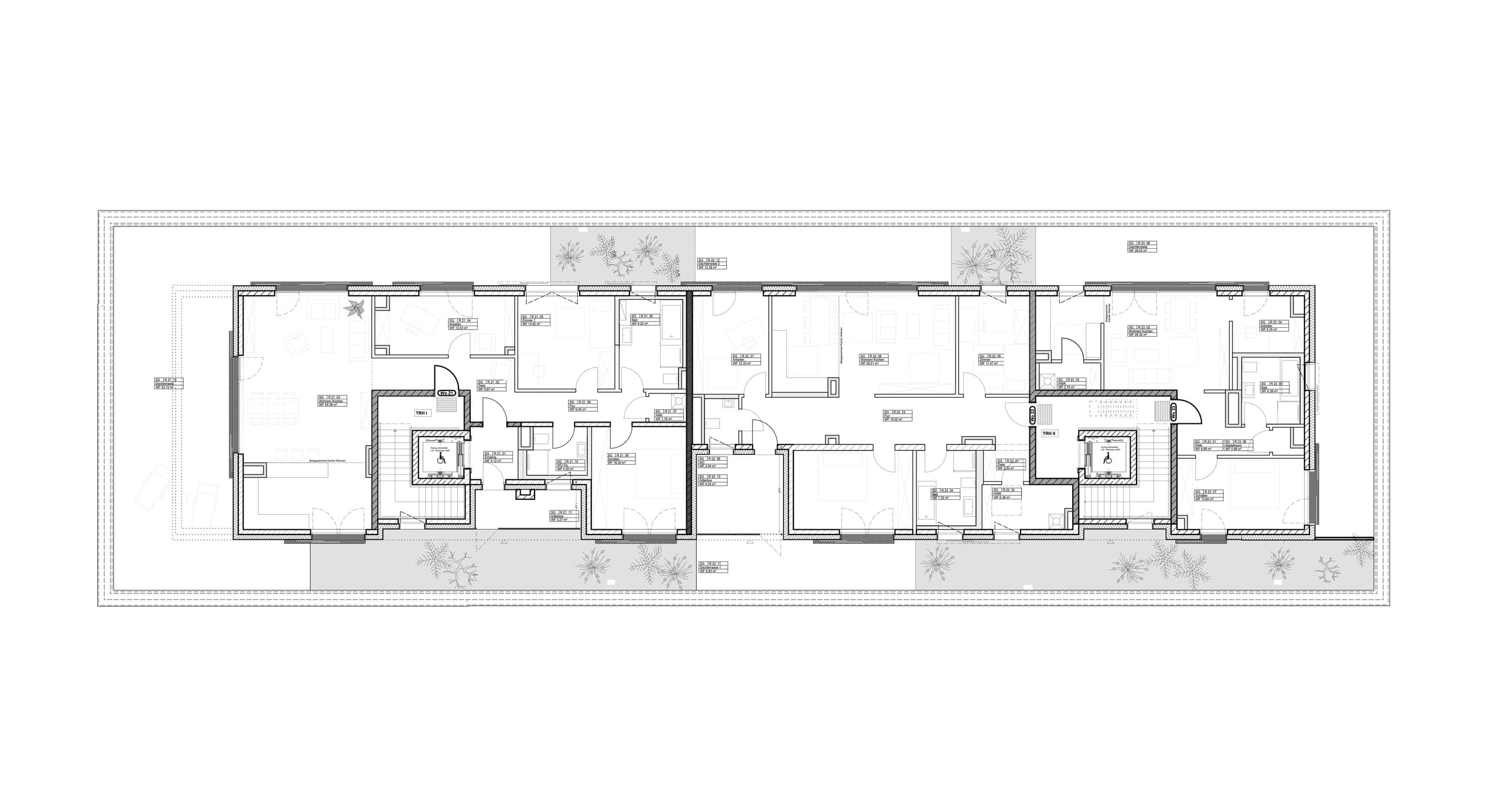 Floor plan of the set-back top storey with surrounding roof terrace and planted areas