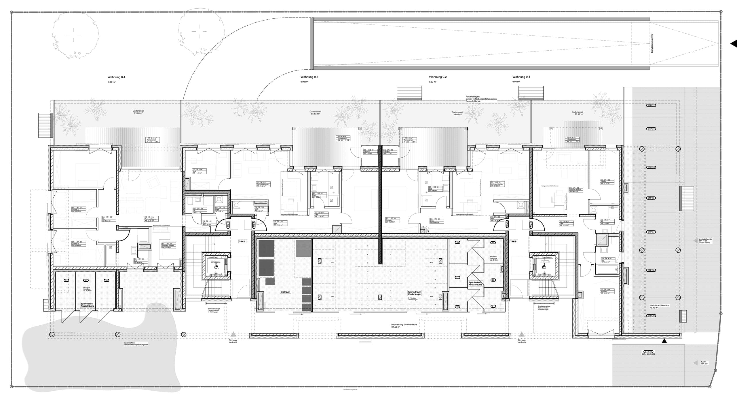 Ground floor plan with four flats, garden terraces, ancillary rooms and parking spaces