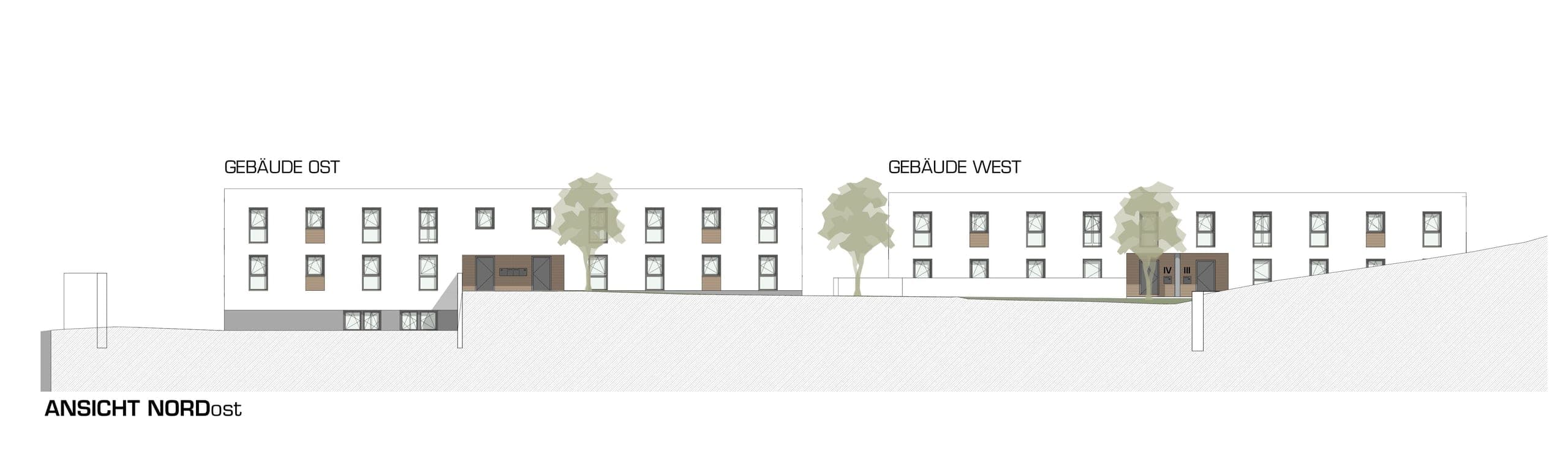 North-east elevation of the east and west buildings with their entrances and the rising terrain
