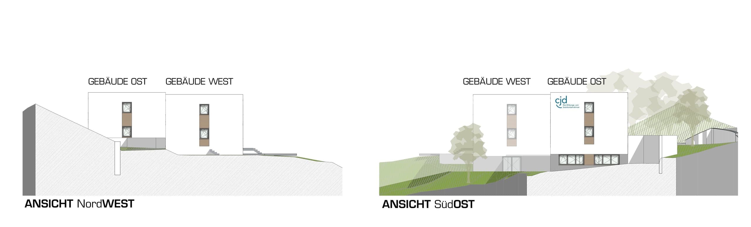 North-west and south-east elevations of the two timber-hybrid buildings showing the change in ground level