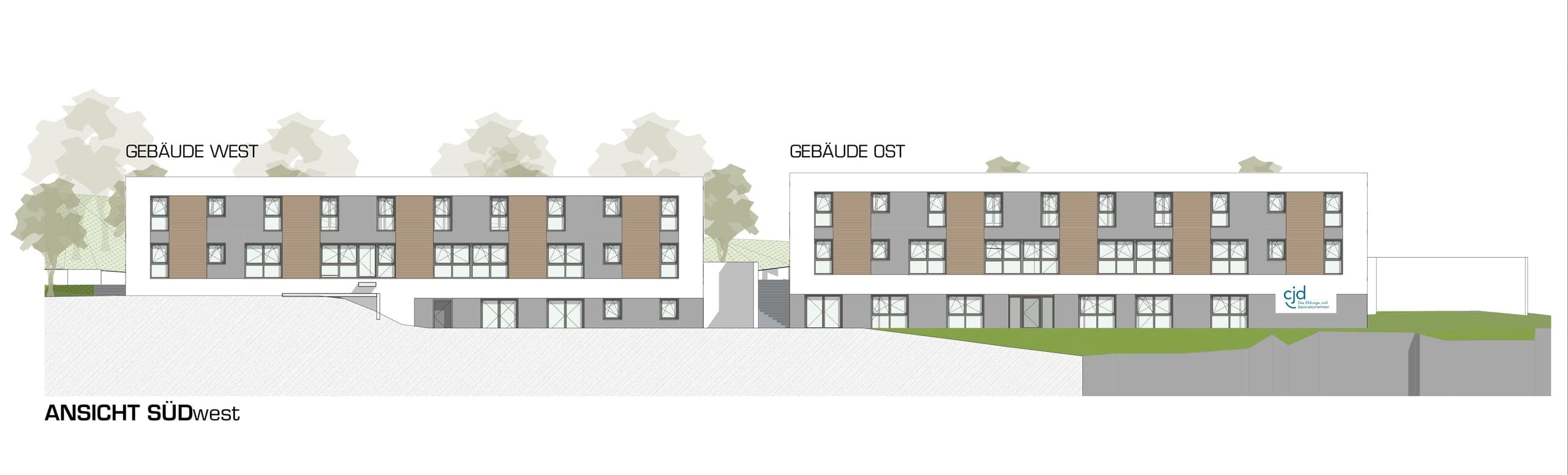 South-west elevation with timber-coloured façade panels and a planted step in the terrain