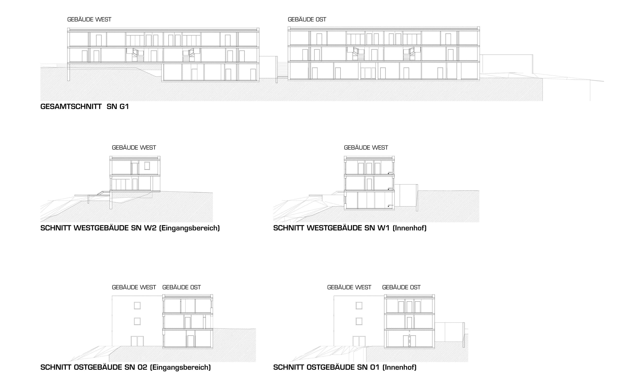 Overall section and building sections of the east and west blocks through the entrance and courtyard areas