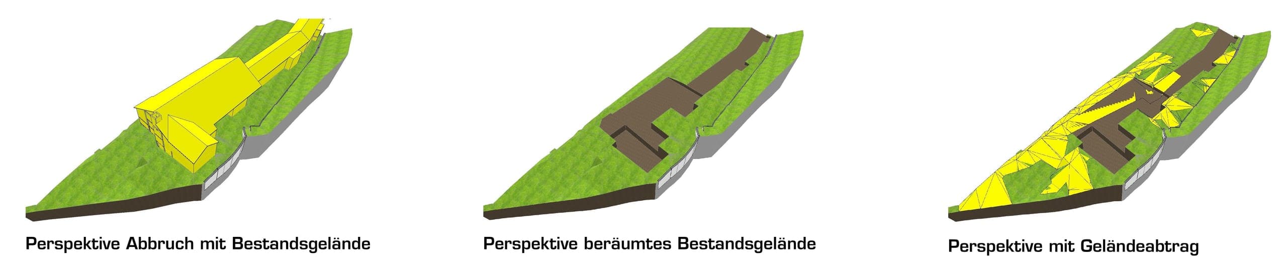 Schematic perspectives of the demolition, the cleared site and the excavation of the terrain in Altensteig