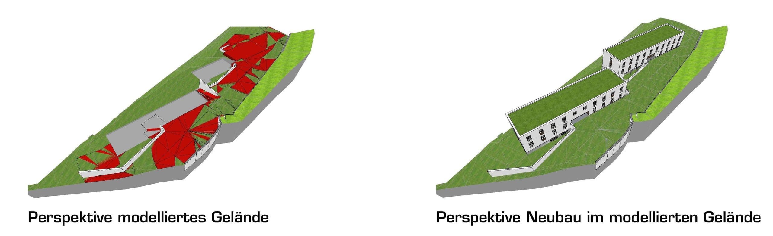 Schematic perspectives of the remodelled slope and the new buildings with green roofs set into it