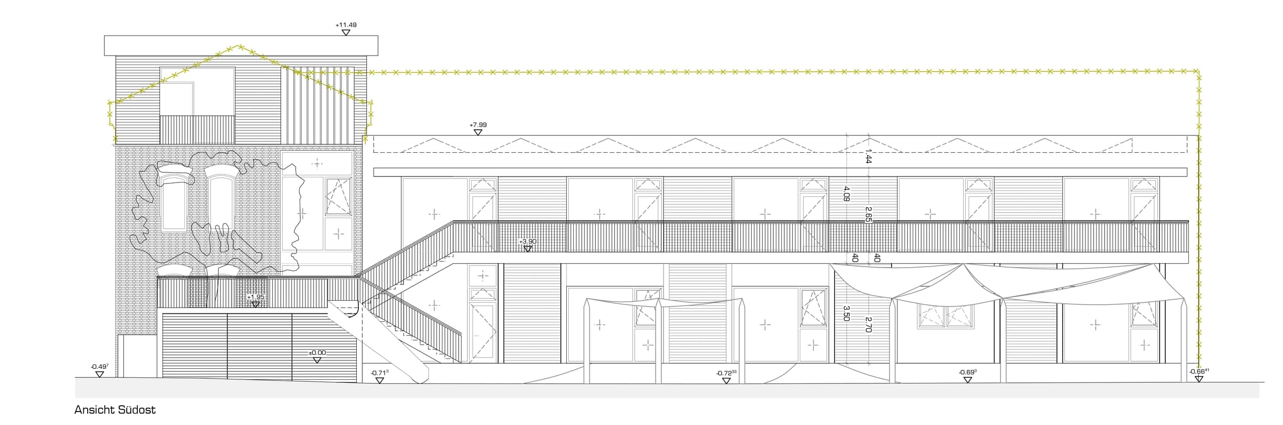 South-east elevation drawing with an external staircase, continuous access gallery and sun sails over the terrace