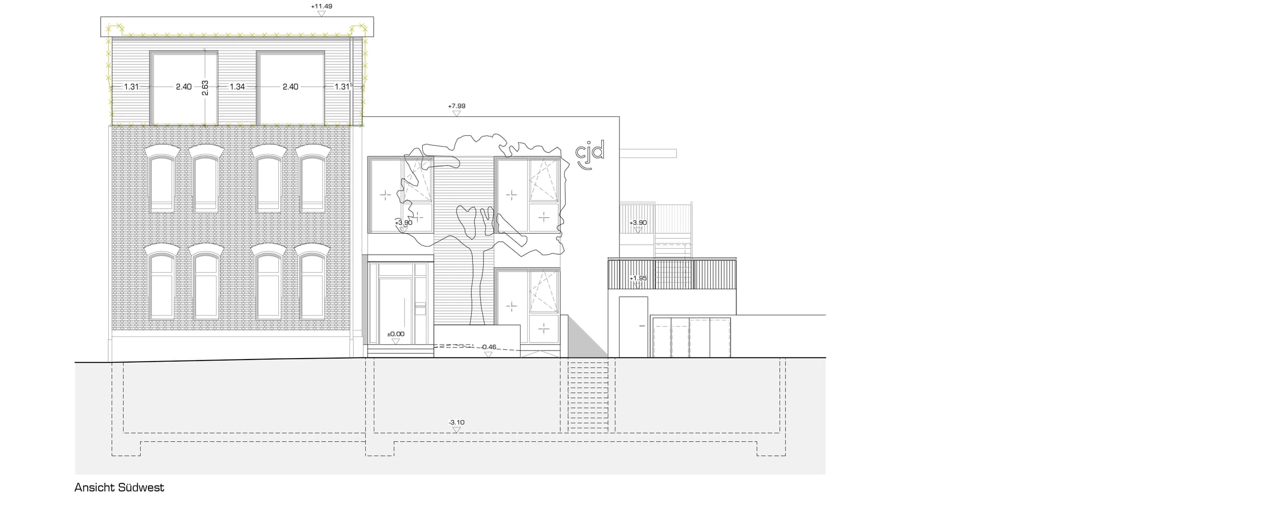 South-west elevation drawing with the existing brick façade and the new building with a tree motif and the operator's logo
