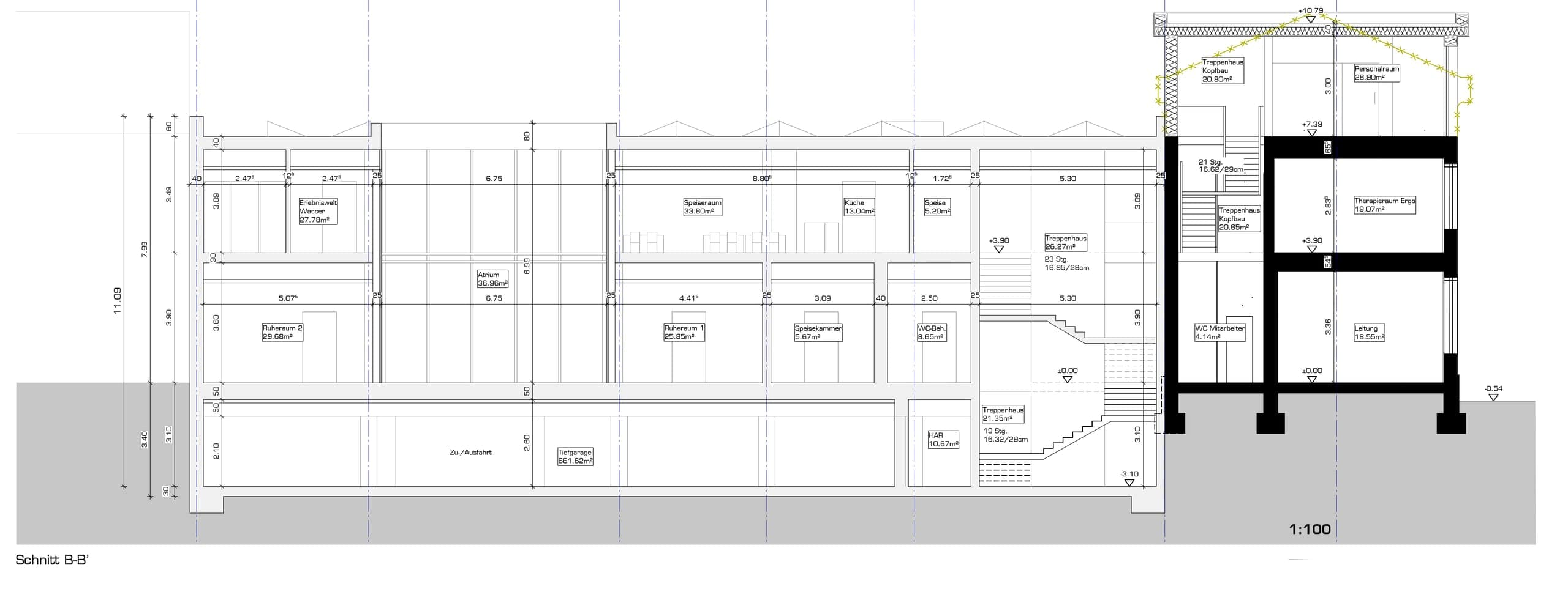 Section B-B' through the nursery with underground car park, rest rooms, kitchen and stairwell up to the existing building