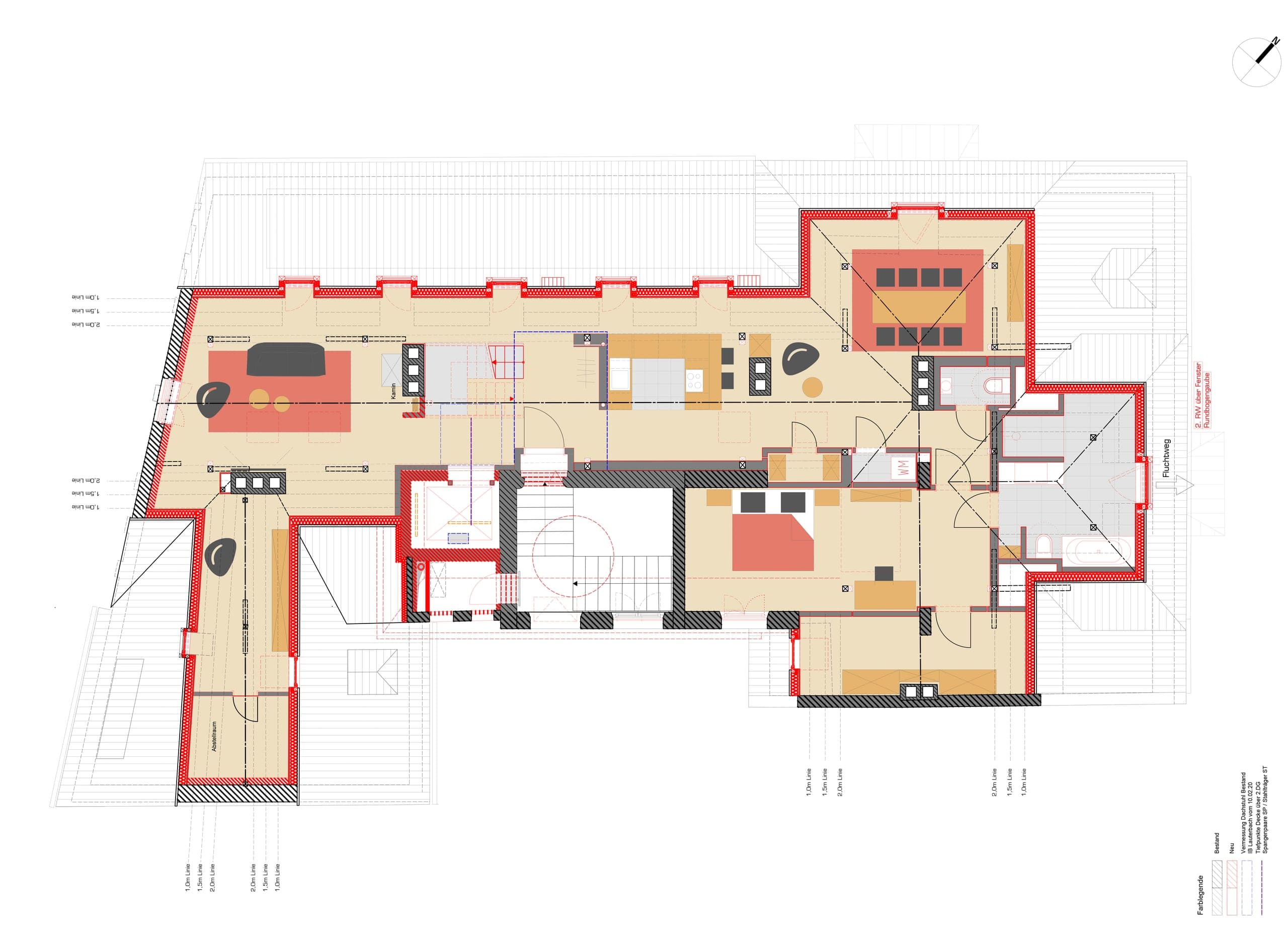 Attic floor plan with the furnished apartment, new walls in red and the existing masonry