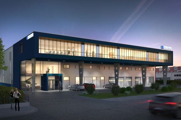 Visualisation of the illuminated warehouse and office building at dusk with figures in front
