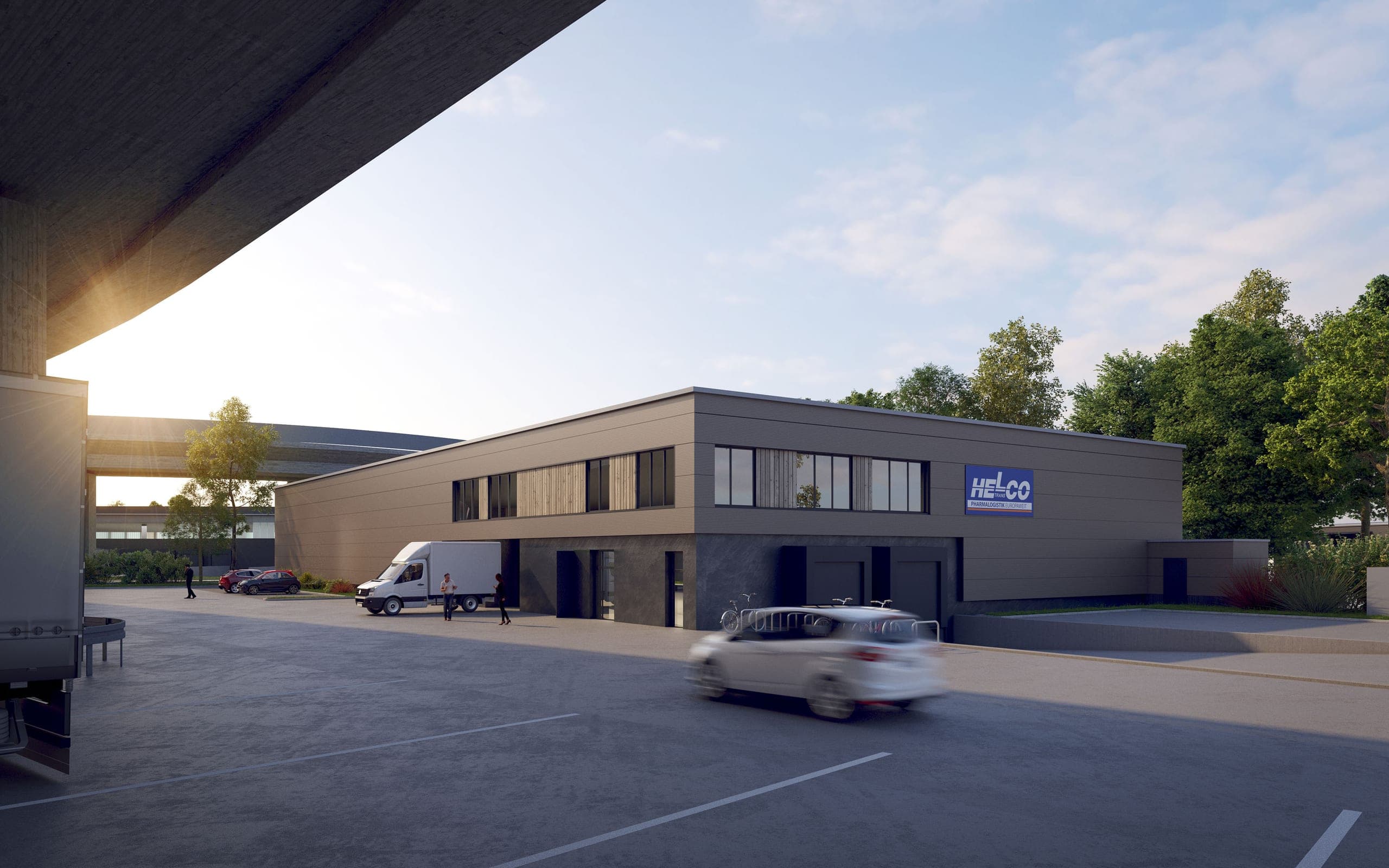 Visualisierung einer kleineren Halle mit Lieferwagen und Besuchern, links die Unterseite der Hochstraße