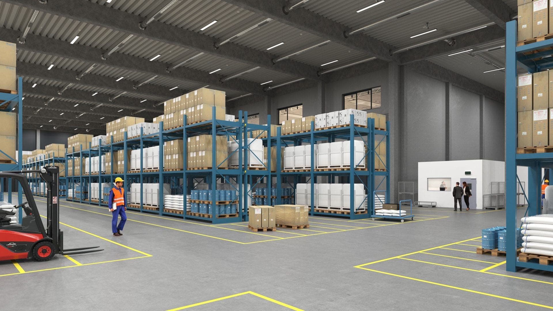 Visualisierung des Lagers mit Palettenregalen, Gabelstapler, Mitarbeitenden und Hallenbüro