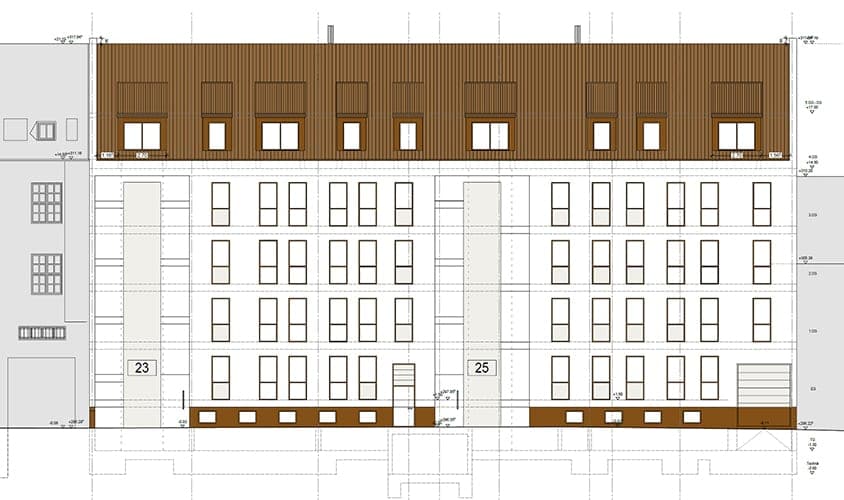 Elevation drawing of the street façade with a timber-clad roof storey, dormers and house numbers 23 and 25
