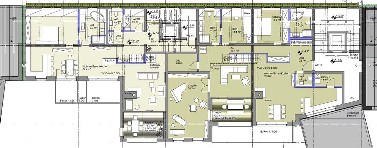 Floor plan of two loft apartments with open-plan living, dining and kitchen areas, a void, fireplace and loggias