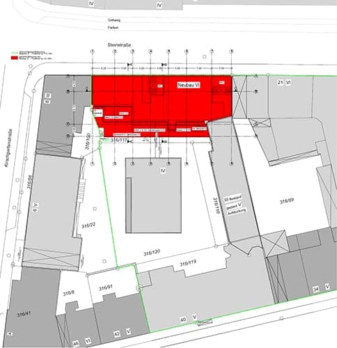 Site plan on Steinstraße with the new six-storey building marked in red between existing buildings