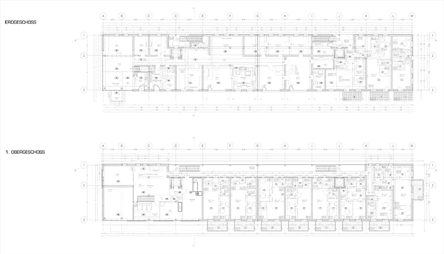 Grundriss von Erdgeschoss und 1. Obergeschoss mit Wohnungen, Balkonen und Gemeinschaftsräumen