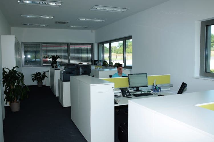 Open-plan office area with workstations, screening panels, plants and a strip of windows