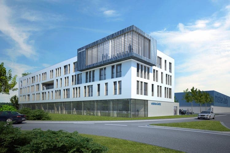 Visualisierung der Straßenansicht mit weißer Lochfassade und auskragendem, verglastem Dachaufbau mit Metalllamellen