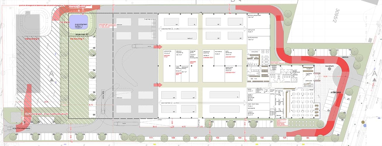 Site plan with the layout of the assembly hall and offices, surrounding parking and access routes marked in red