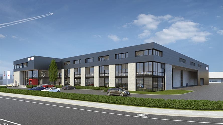 Assembly hall with headquarters in Schwäbisch Hall, visualisation from the street with the office wing and hall door