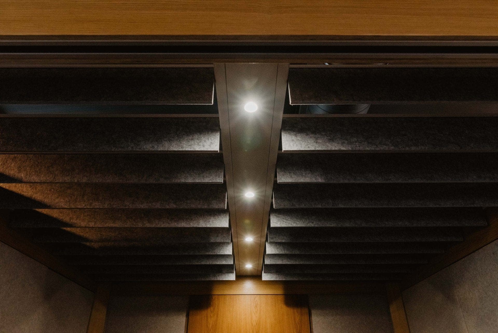 View up to the ceiling of a meeting pod with dark acoustic slats and a row of recessed spotlights