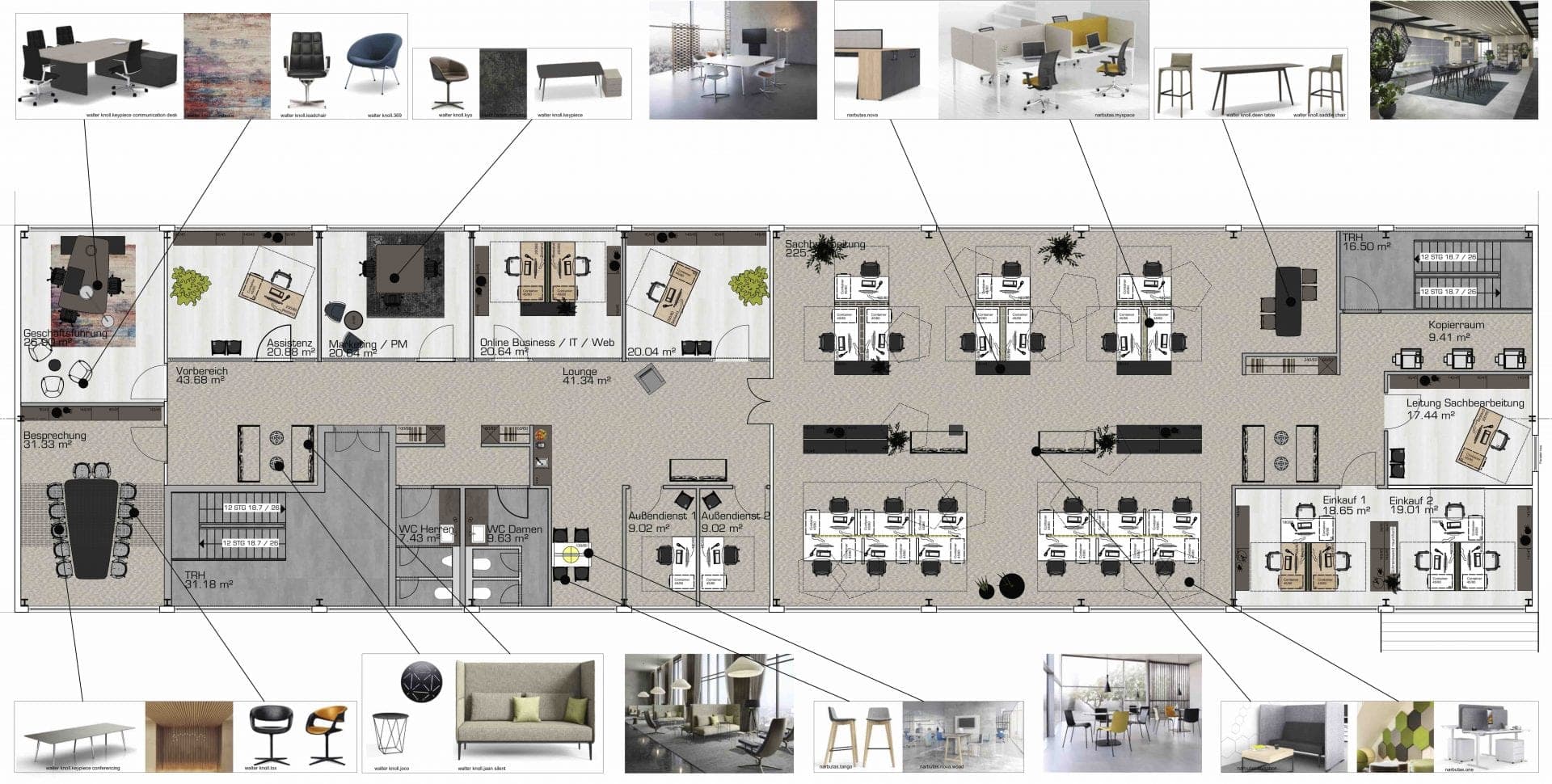 Furnishing concept for the upper floor with a plan of the office spaces and matching furniture examples