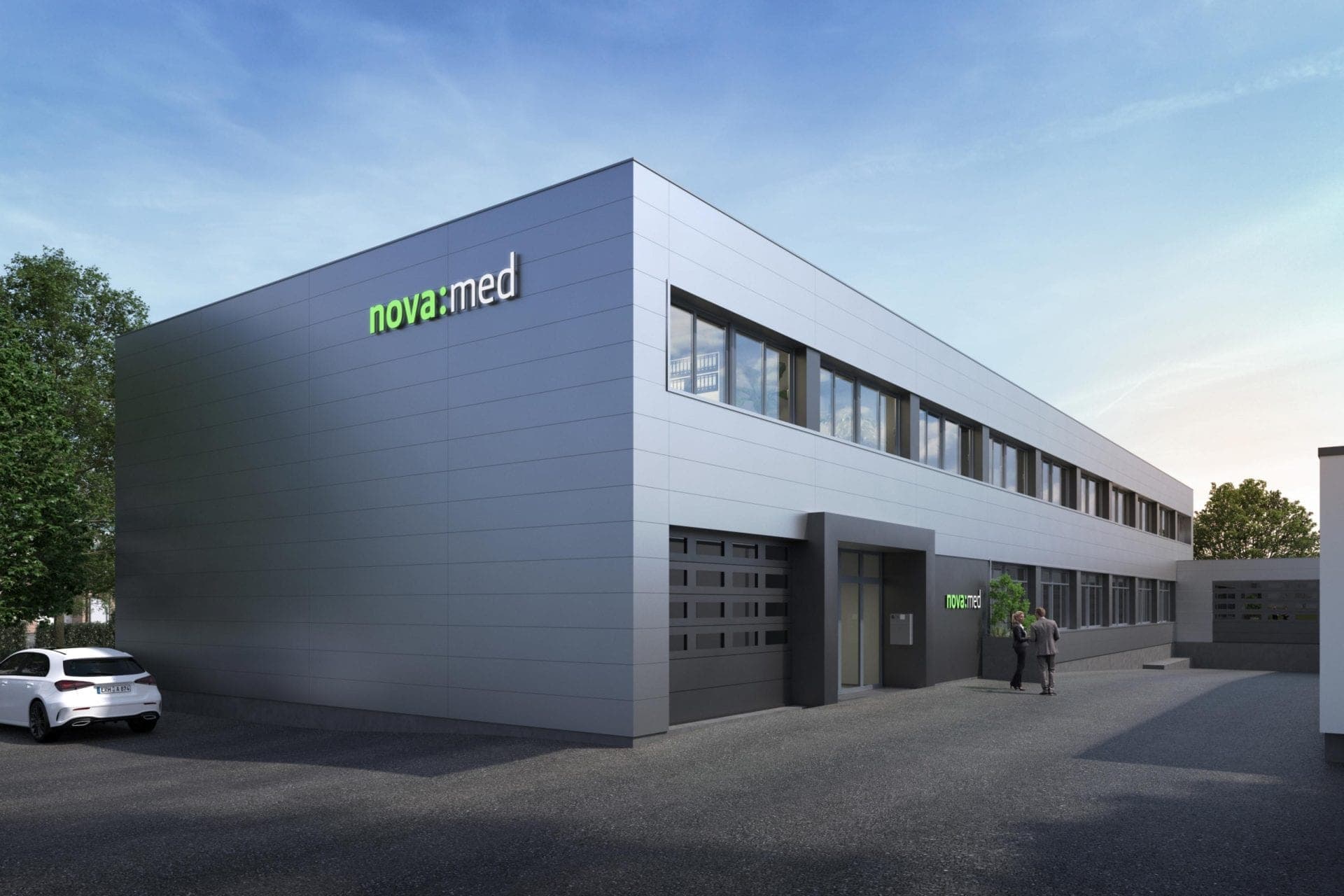 Office and warehouse building for nova:med in Höchstadt a.d. Aisch, visualisation of the entrance side with two-tone façade