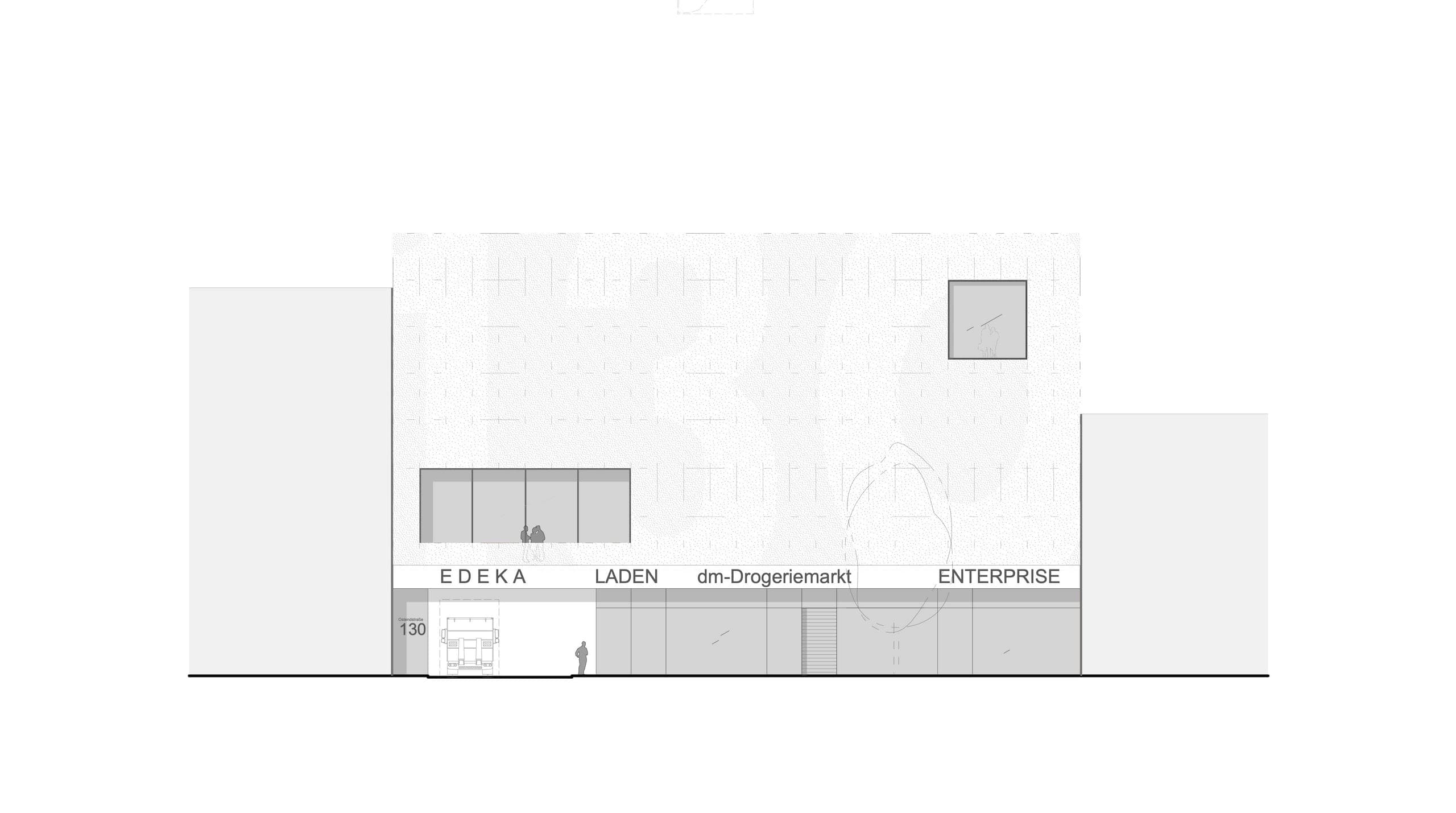 Ansichtszeichnung des Kopfbaus zur Ostendstraße mit Lochblechfassade, Schriftband und Zufahrt im Erdgeschoss
