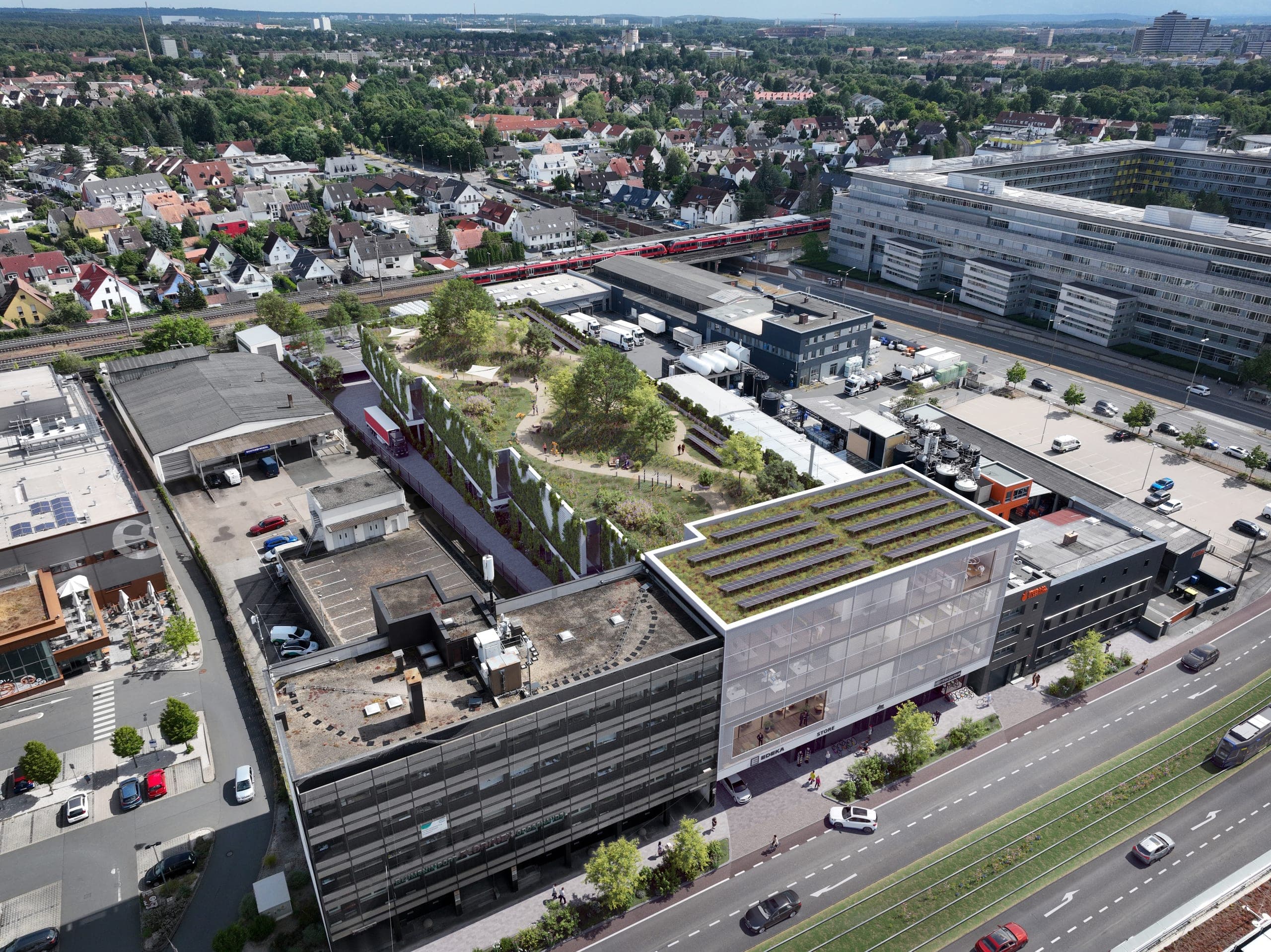 Luftbild-Visualisierung des Ensembles mit begrünter Dachlandschaft, Fassadengrün und Bahnlinie dahinter