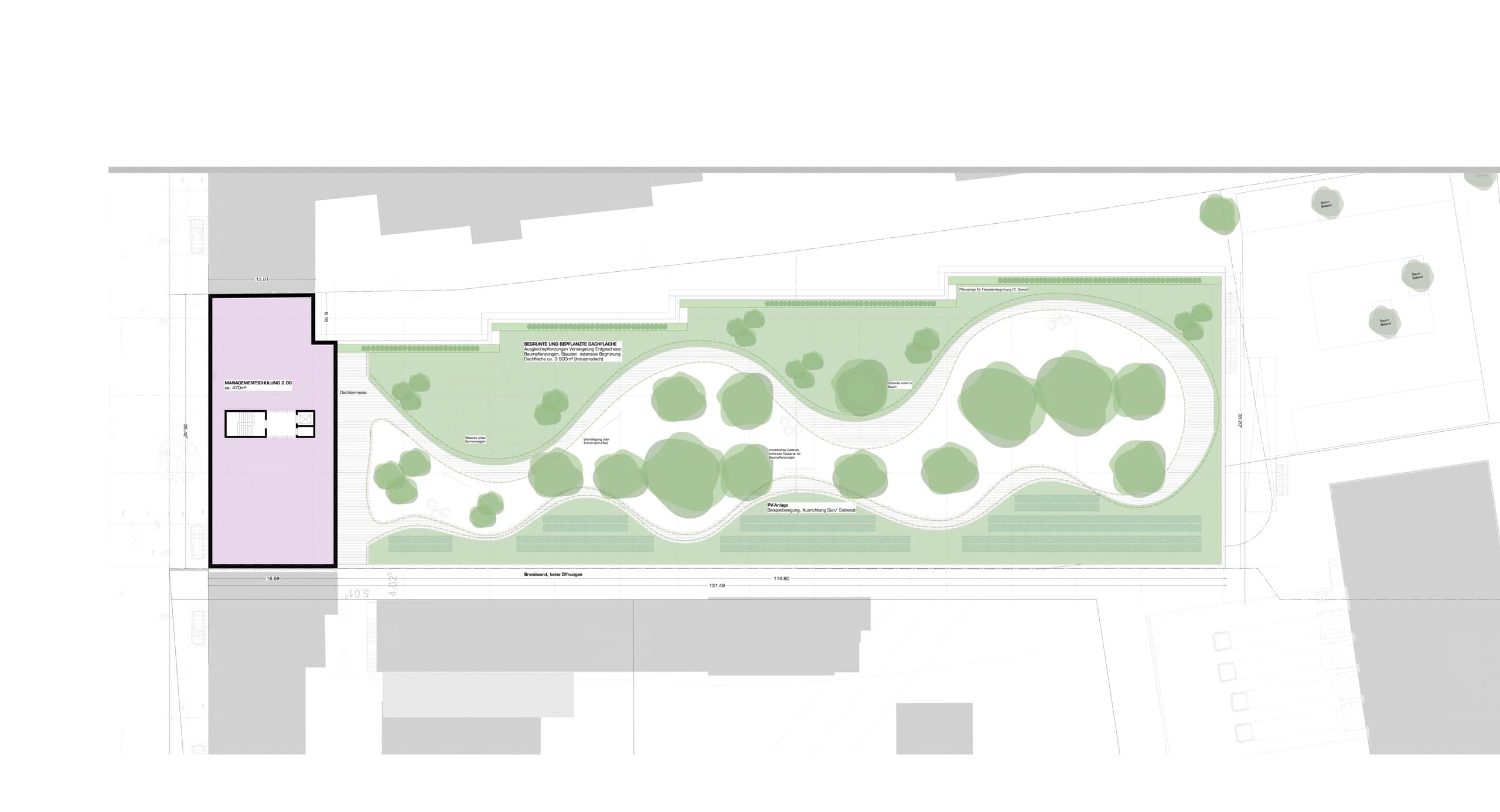 Plan der Dachlandschaft in Nürnberg mit geschwungenen Wegen, Baumgruppen und angrenzendem Kopfbau