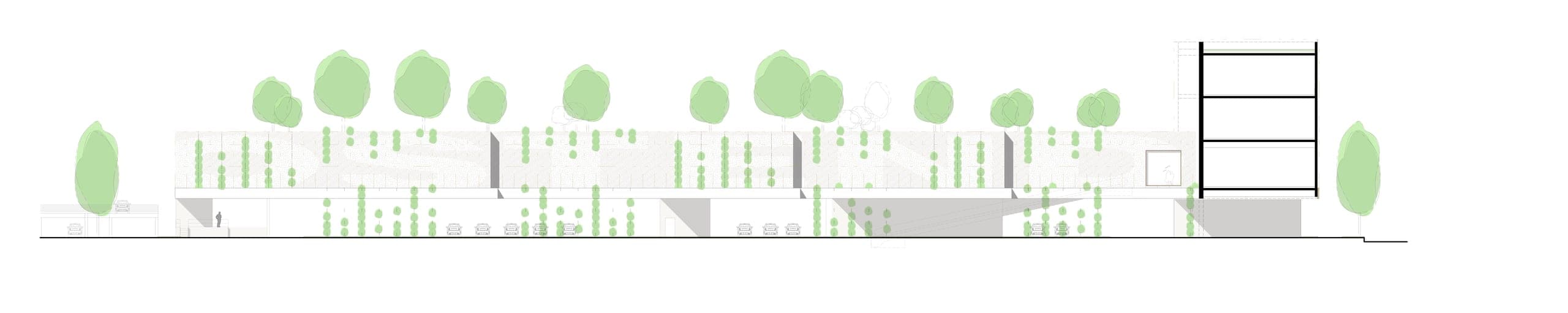 Ansichtszeichnung Nordost mit begrünter Fassade des Marktgebäudes, Dachbäumen und Schnitt durch den Kopfbau