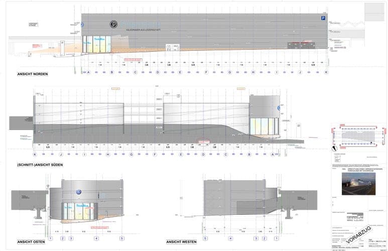 Drawing sheet with the north, east and west elevations and the south sectional elevation of the car park