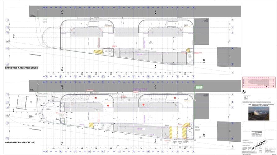 Ground and first-floor plans with rounded parking decks on the wedge-shaped plot